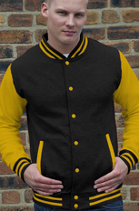 black body with gold sleeve letterman tops