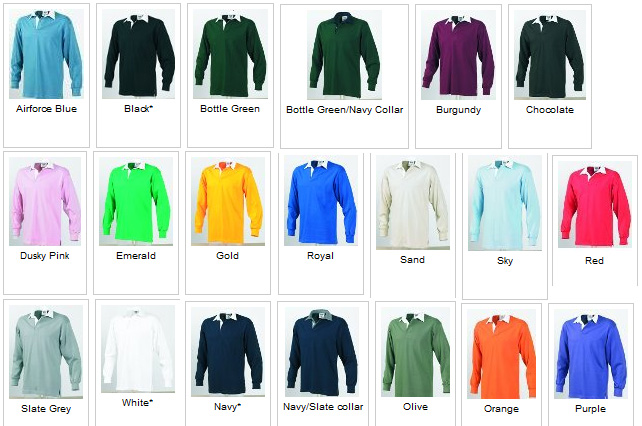 20 colour range rugby shirts
