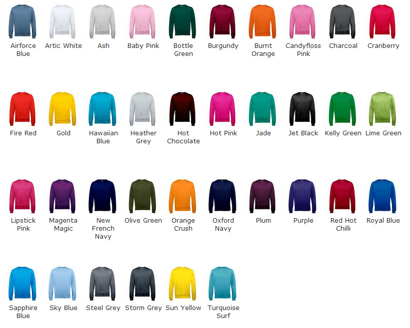 awd sweatshirts colour chart