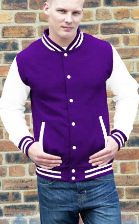 purple body and white sleeve banner letterman
