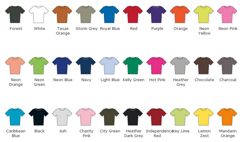 colour chart for anvil tear away label tees