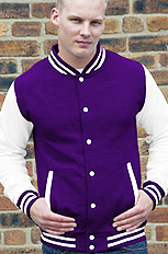 purple body with white sleeve letterman